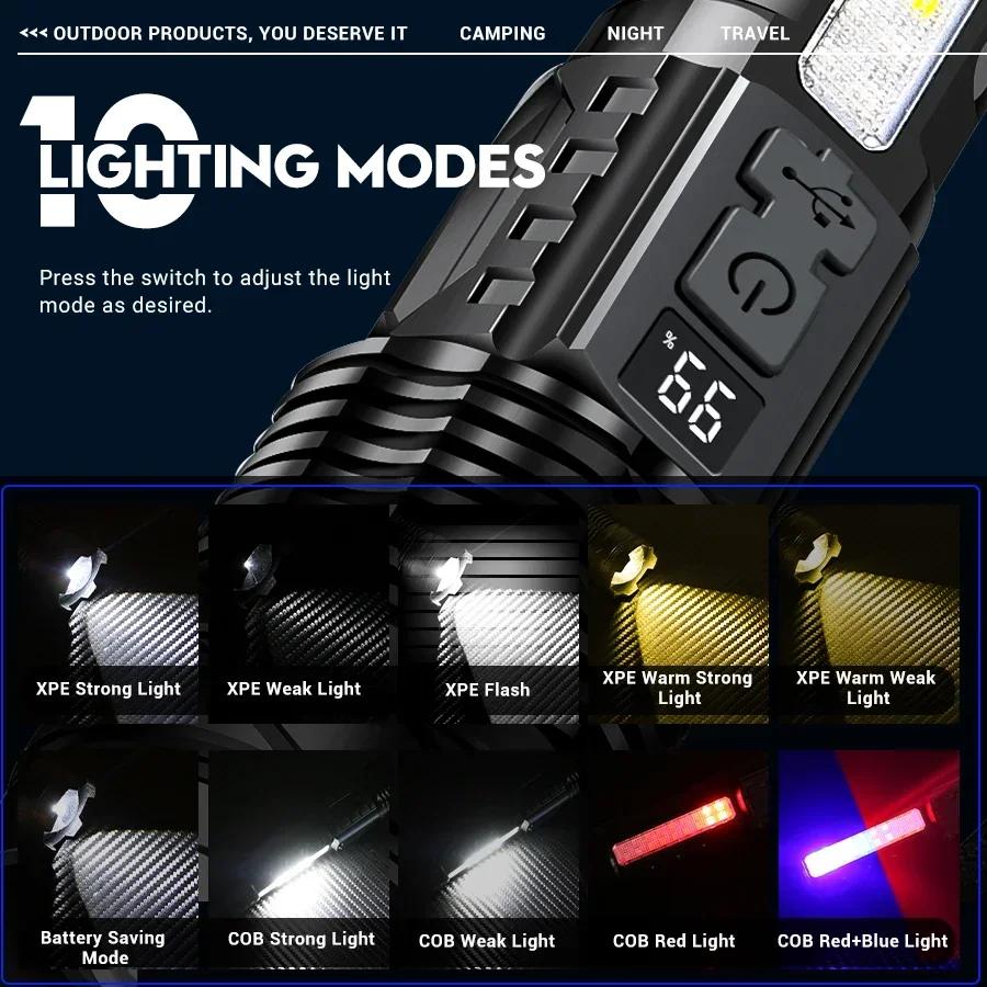 Strong Power 9000LM Flashlight Dual Led Zoom Torch 10 Lighting Modes USB Rechargeable Outdoor Portable Camping Fishing Lantern