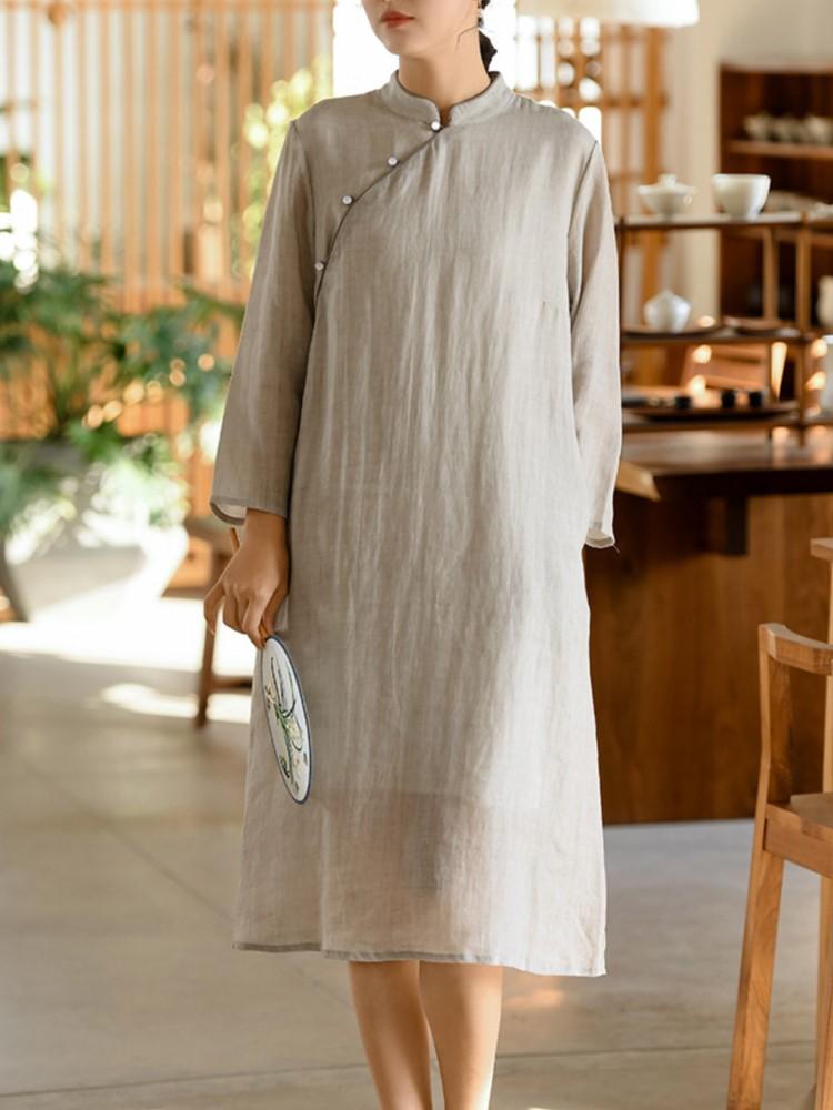 Johnature Women Chinese Style Cheongsam Solid Color Stand Long Sleeve Button Ramie Vintage Spring Dress Women Clothes