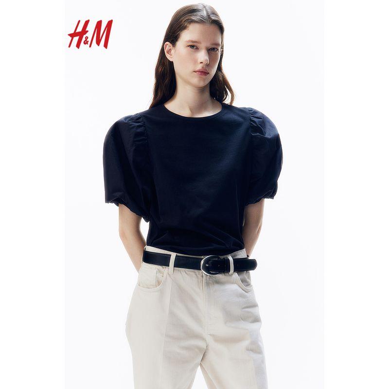 

HM Women s Shirt 2025 Summer New Arrival Loose Western Style Lantern Sleeve Short Sleeve Commuter Top 1274436