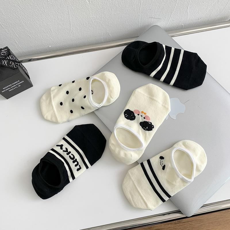 Striped Polka Dot Socks, Women's Short Socks, Spring and Summer, Thin and Cute Cartoon Dog, Low-top Shallow Black and White Boat Socks