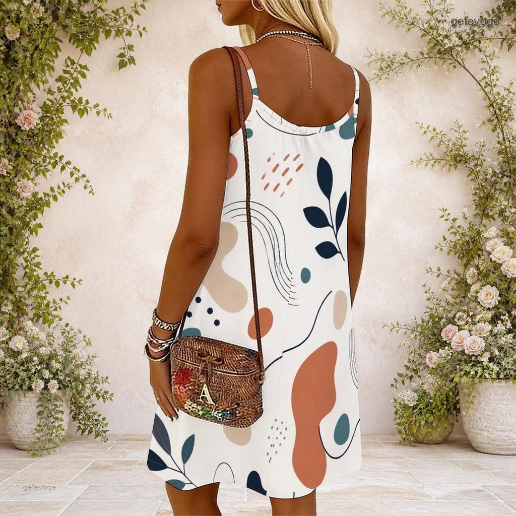 Women Plus Size Colorful Abstract Printed Scoop Neck Thin Straps Sleeveless Loose Midi Dress