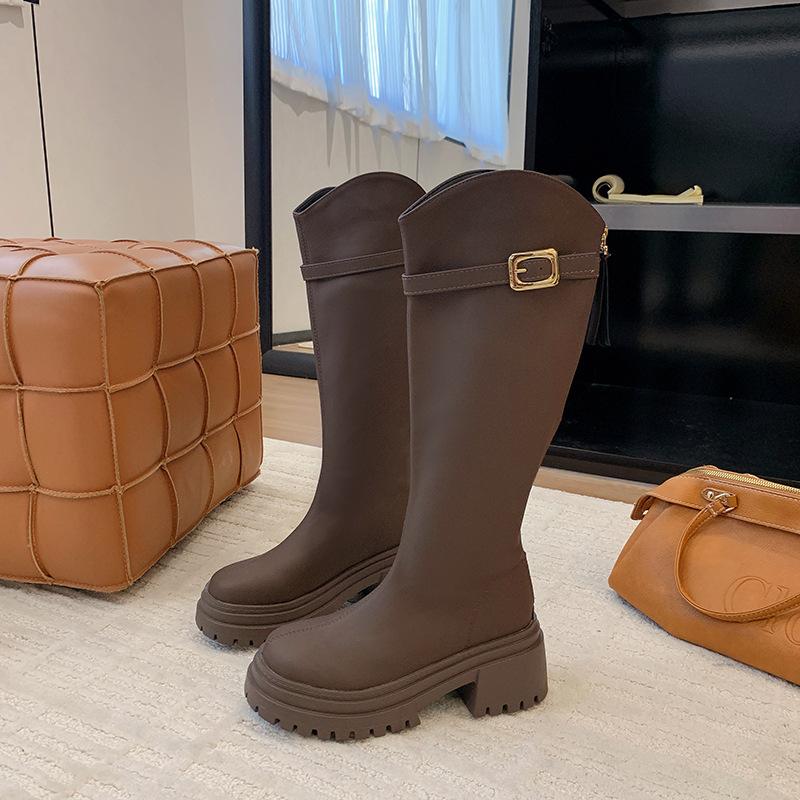 

British style versatile boots women s 2025 autumn new thick-soled heightened and thin knight boots but knee temperament boots 43 темно-коричневого