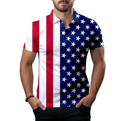 Golf Flag Print Short Sleeve Polo Shirt, Stylish Casual Top for Men