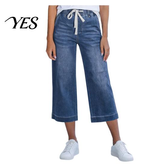 Breathable Stretch Denim Trousers Cropped Pants for Women, High-Stretch Wide-Leg Trousers, Women High-stretch Drawstring Waistband Casual Summer with S морской синий