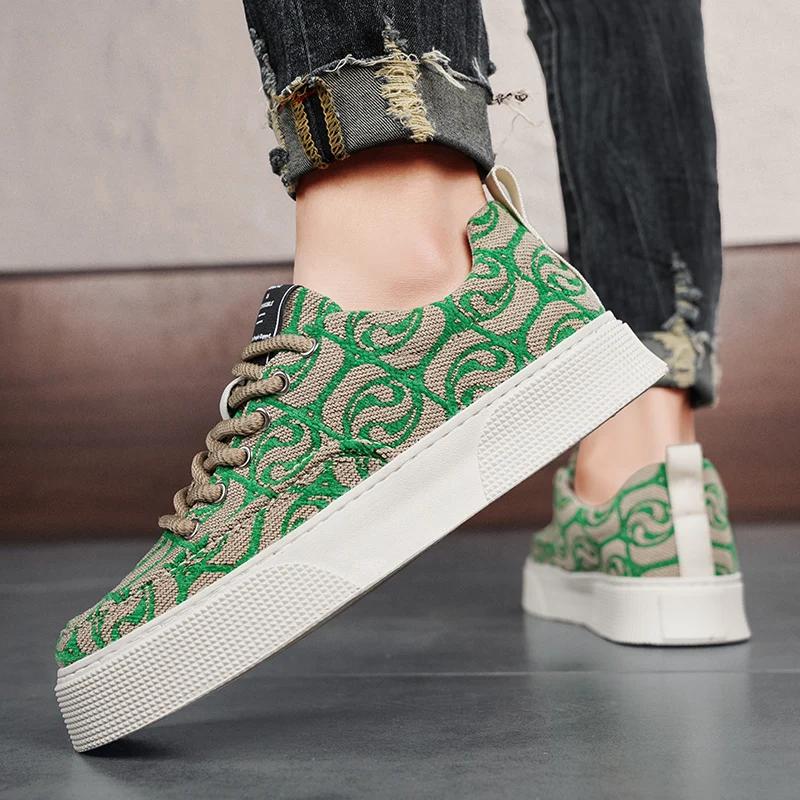 FashionDesigner Green Canvas Shoes Men Fashion Print Mens Vulcanized Sneakers Breathable Platform Sports Skateboard Shoes For Men 2024