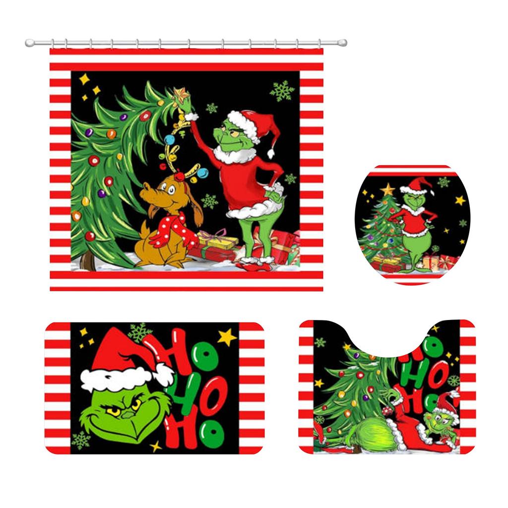 4 Christmas Bathroom Sets, Shower Curtain, - Carpet, Horse Cover And - U-shaped Bath Mat, Christmas Holiday Bathroom Decoration