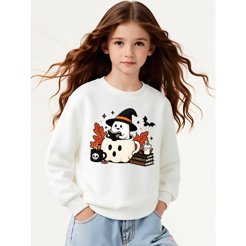 Girls Halloween Crew Neck SweatshirtCute Witch Reading Book Halloween Print, Fun Print Kids Autumn Clothing