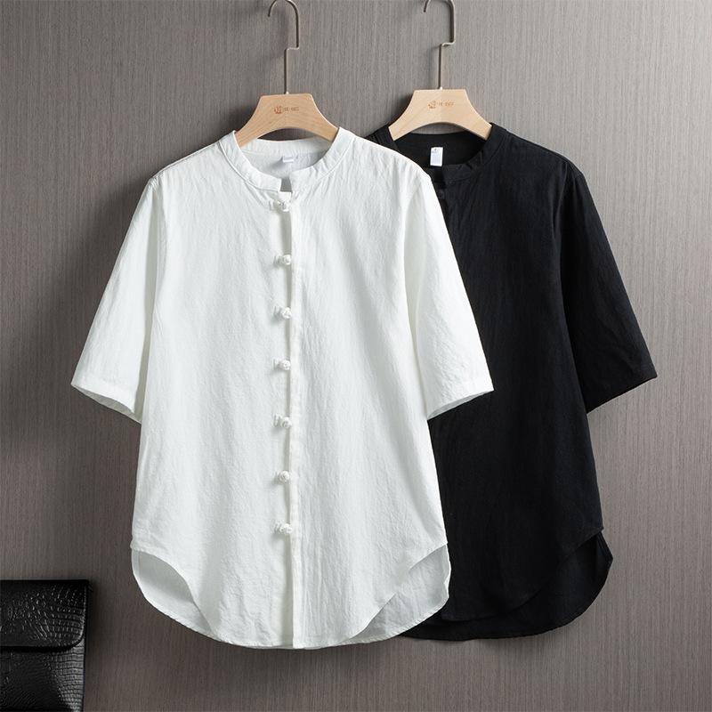 Chinese Style Cotton and Linen Short-sleeved Shirt Men's Summer Retro Stand-up Collar Buckle Half-sleeved Shirt Loose Casual Shirt