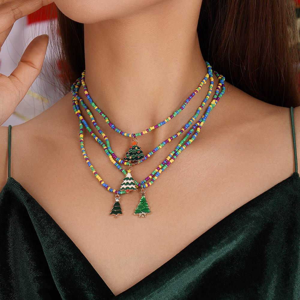 Green Christmas Tree Seed Bead Necklace Set - Holiday Choker Jewelry