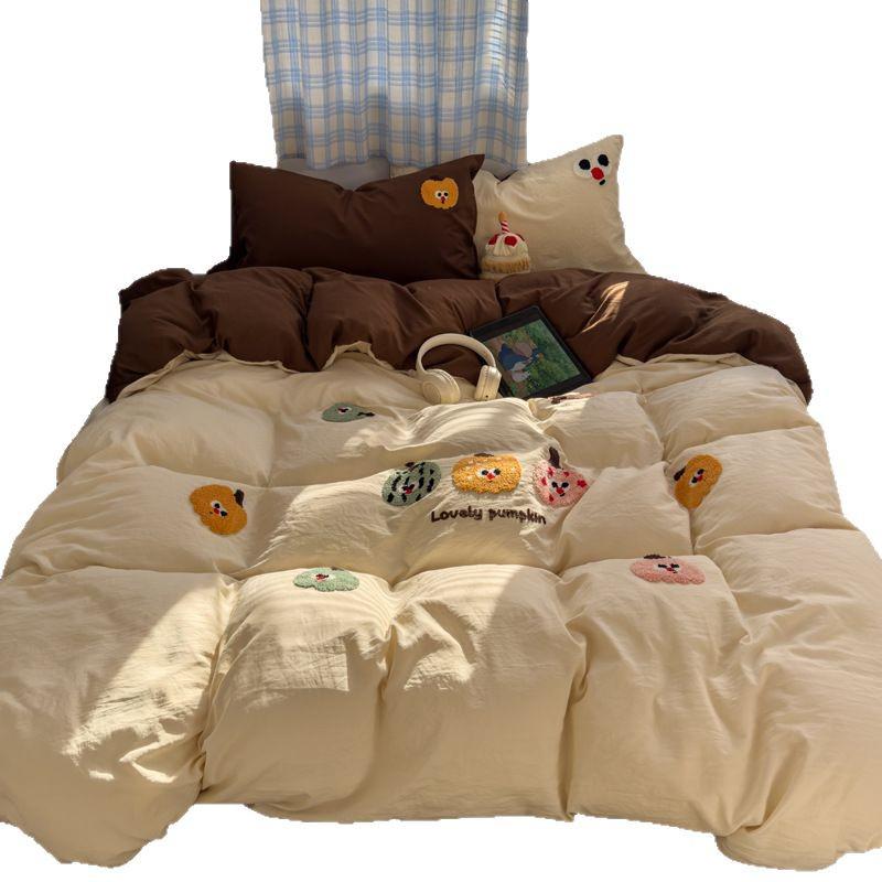 Cartoon Embroidered Cotton Terry Bedding Set - Skin-Friendly, Washable, 4-Piece Set with Bed Sheet and Duvet Cover (Student Size)