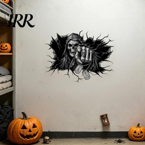 Large Size Skull Decal Grim Reaper Wall Sticker, 3D Breaking Through Art Decal, Spooky Room Decorations Scary Mural for Home Bar Pub Halloween