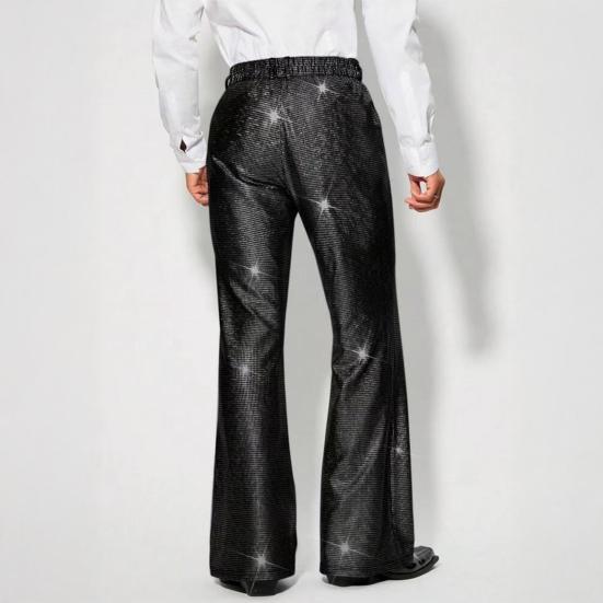 Men's Shiny Sequin Trousers Retro Elastic Waist Party Dance Pants Wide Leg Night Club Disco Pants for Stage Performance Hip-Hop Bar