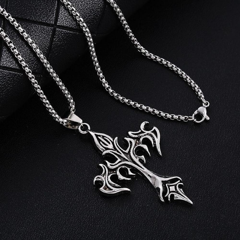 1 Piece Fashion Retro Flame Cross Pendant Necklace, Unisex Long Chain Punk Gothic Trendy Accessories