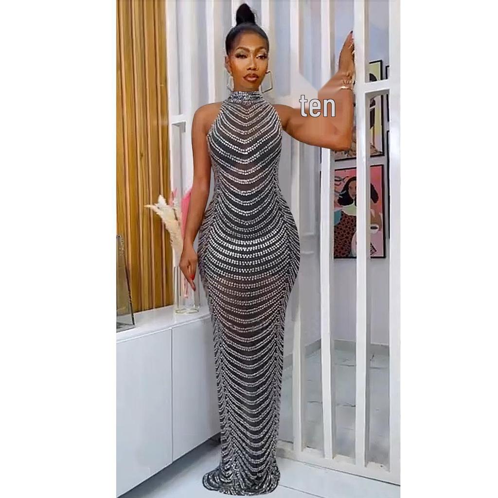 European Fashion Sexy Rhinestone Backless Nightclub Party Dress - See-through Long Dress for Women