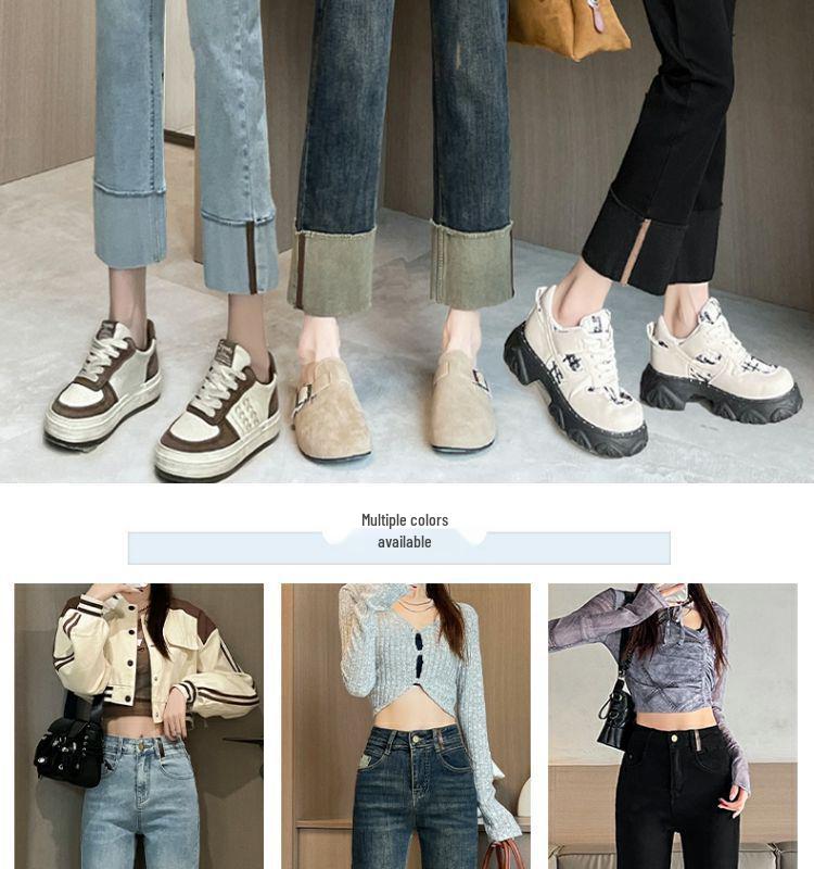 Light Blue Slim Fit Rolled Hem Cigarette Jeans for Women - Petite French Style, Spring/Autumn 2025 Edition.