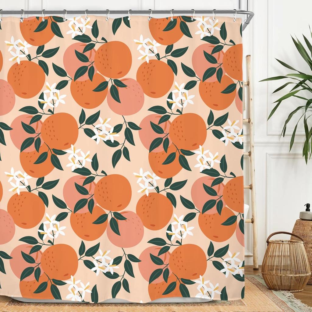 Miyotaa Orange Frukt Duschdraperi Set 60B x 71H Tum Söt Citrus Gröna Blad Fräsch Polyester Vattentätt Tyg Badrumsdraperi