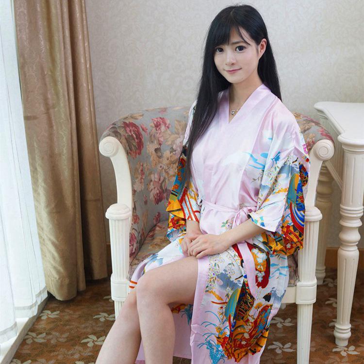 Women's Rose Red Chinese-Style Faux Silk Tang Suit Pajama Robe with Tie-Belt