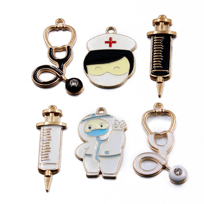 6 Medical Charm DIY Alloy Jewelry Accessories: Stethoscope, Syringe, and Nurse Oil Drop Pendants