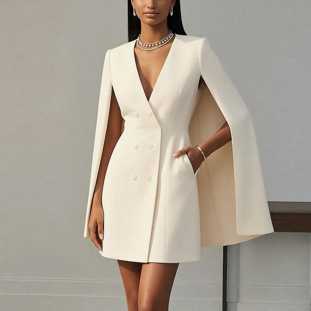 Women's clothing, new spring models in Europe and America, temperament double-breasted shawl solid color suit dress