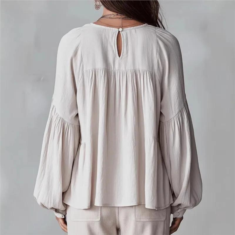 Vintage Women's Blouses Boho Casual Sweet Fungus Hem Puff Sleeve Pleated Loose Deep V-neck Long Sleeve Shirt Tops Women Clothing