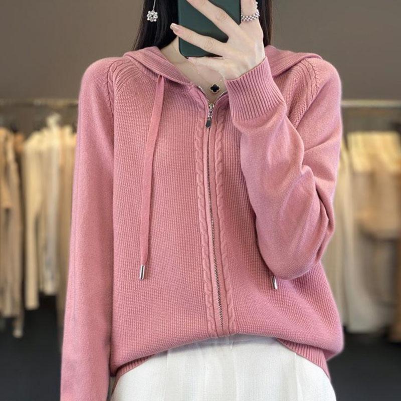 Autumn and Winter Hooded Casual Knitted Cardigan Simple Fashion Style Loose Knitted Sweater