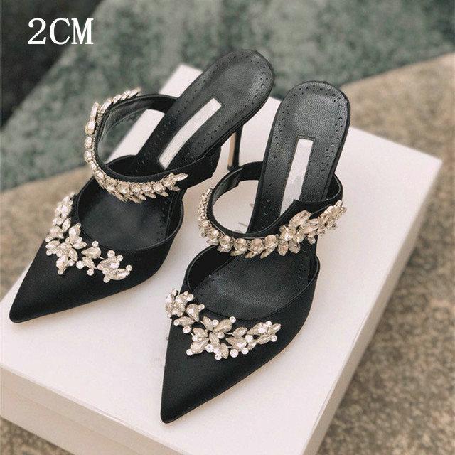 Fashion Couture! French Pointed Flat Sandal Rhinestone Goddess Fan Niche Design Sense High Heel Half Drag