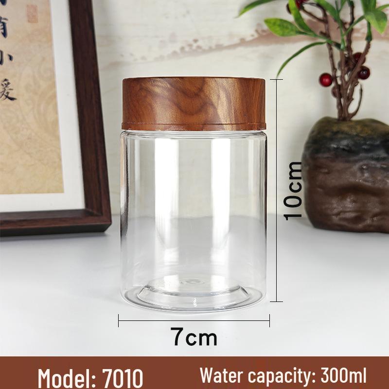 PET Plastic Storage Jar with Imitation Wood Grain Lid, High Transparency, Food Grade for Medicine, Herbs, Tea, Flowers, Grains, and Nuts.