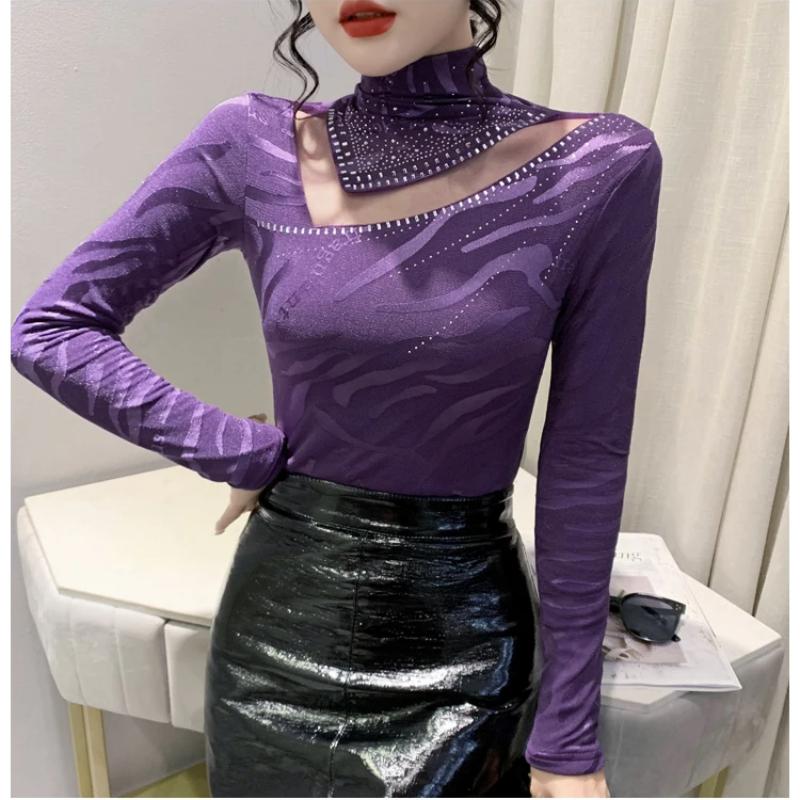 Spring Autumn Classic Women Turtleneck Long Sleeved T-Shirt Fashion Sexy Hot Diamonds Tees Elastic Slim Girl Tops Blouse