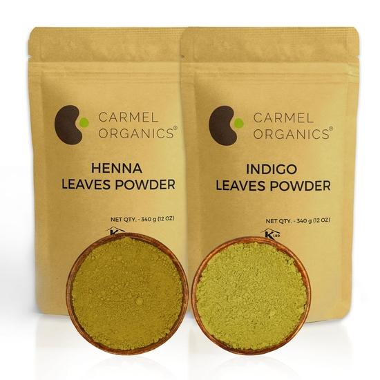 CARMEL ORGANICS Hair Color Henna & Indigo Leaves Powder Combo (340gm Each) | No Added Preservative and Additives | Non-GMO 400GM