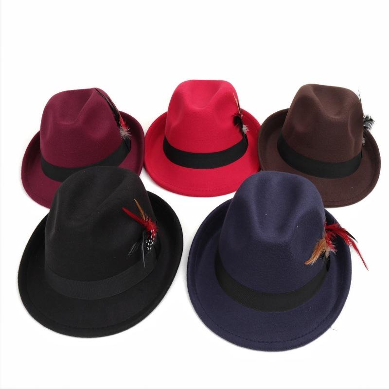 Vintage Jazz Feather Fedora Hat for Men Women Fashion Wide Brim Wool Felt Panama Trilby Cap