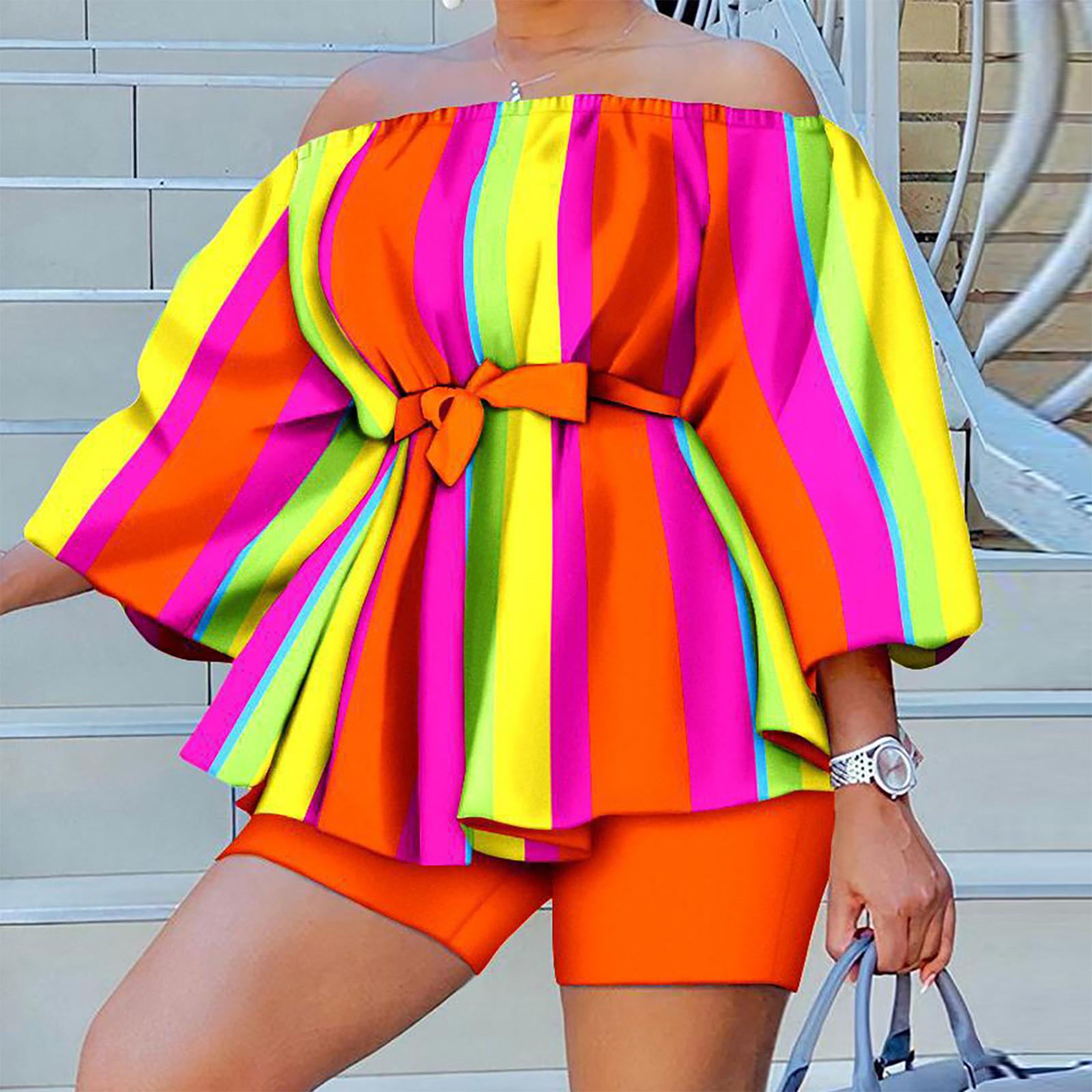 

Женский модный комплект из 2 предметов с принтом, свободный повседневный топ и шорты с поясом XXL оранжевый