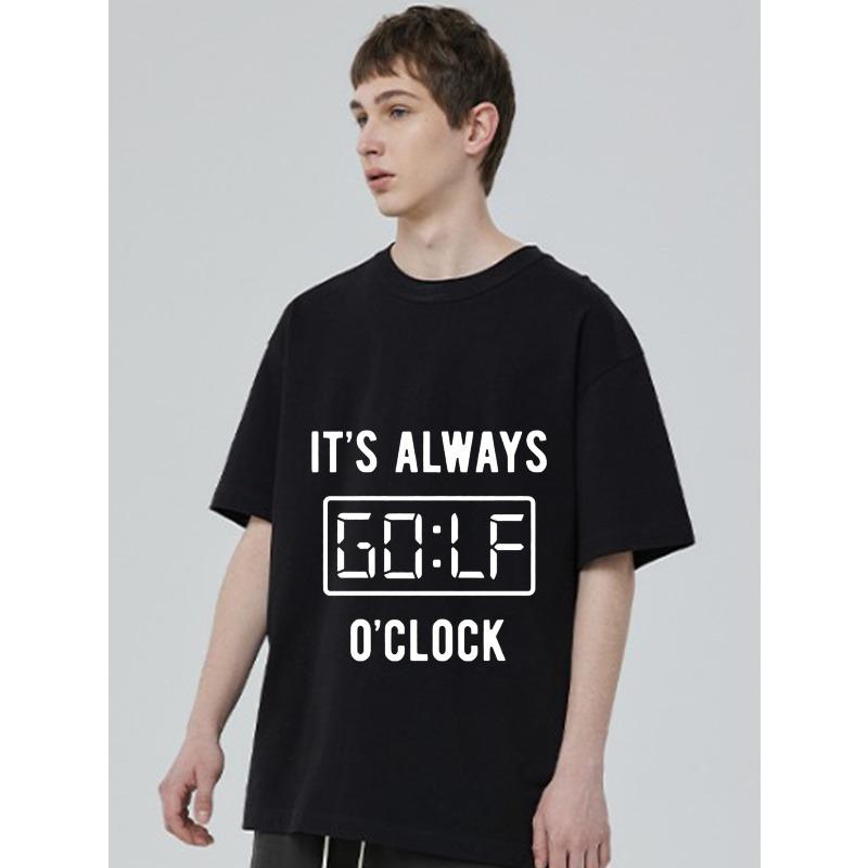 Schwarzes T-Shirt mit Its Always Golf Oclock Digitaluhr-Aufdruck für Freizeitkleidung und Golf-Enthusiasten