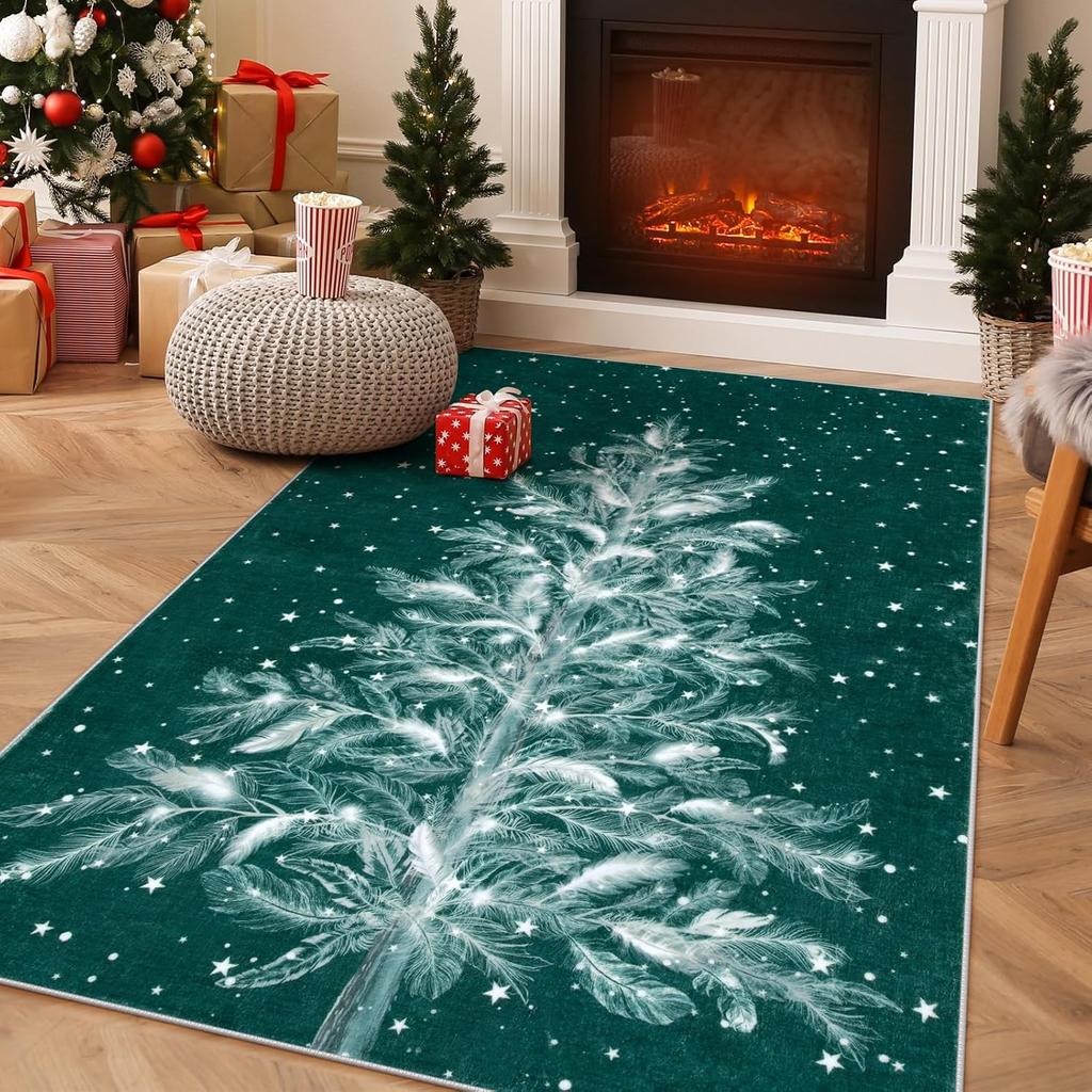 Christmas Rug Washable Area Rugs Red Room Rugs for Bedroom Non-Slip Living Room Carpet Christmas Tree Carpet Rugs for Kitchen