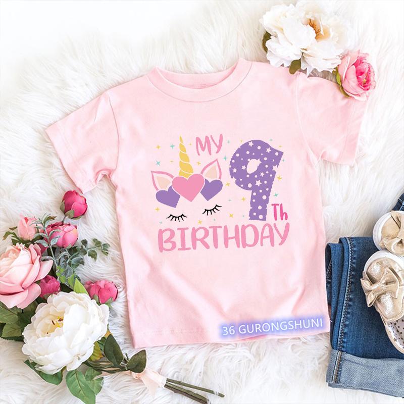

My 2-9th Birthday Numuber T-Shirt Kawaii Unicorn Eyelashes Love Cartoon Kids Clothes Girls T Shirt Short Sleeve T-Shirts 100