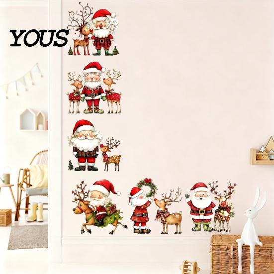 Festive Wall Decorations Christmas Stickers, Watercolor Santa Claus Reindeer Decals, Self-Adhesive Art Stickers for Living Room Bedroom Entryway