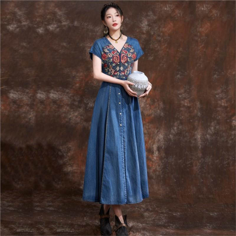 Johnature Chinese Style Casual Embroidery Vintage Cowboy Dress Summer Women Solid Color Niche Design Dresses