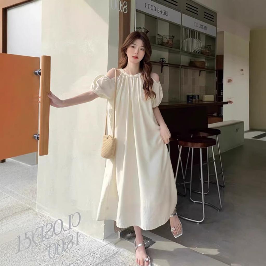 Summer French off-the-shoulder bubble sleeve dress, large size women's clothing, covering the belly and showing thinness, loose temperament medium an