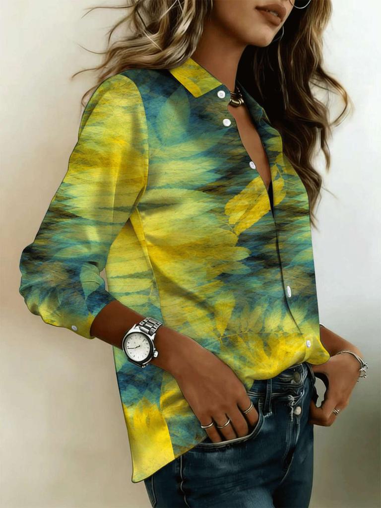 Women's Long-sleeve Shirt with Yellow-green Leaf Print, Bohemian Collared Top In Natural Style