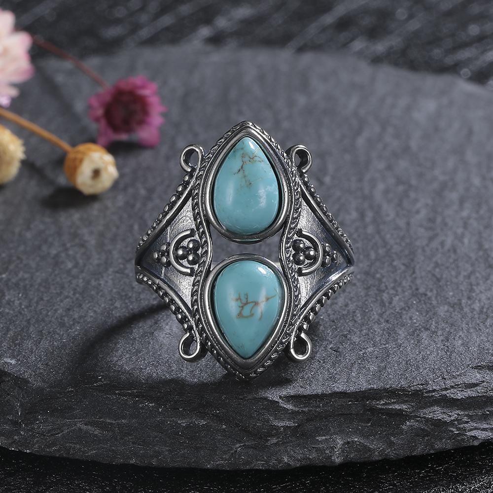 Vintage Boho Turquoise Ring for Women, Antique CopperTone Double Teardrop Turquoise Filigree Band Ring,Western Bohemian Jewelry