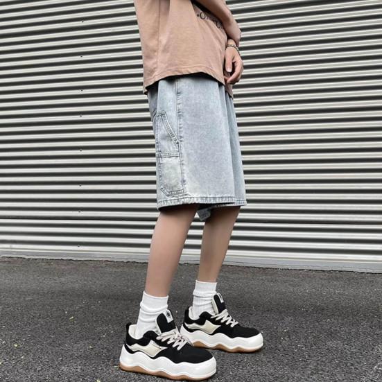 Men Denim Shorts Elastic Drawstring Waist Wide Leg Pockets Shorts with Straight Solid Color Casual Shorts Streetwear