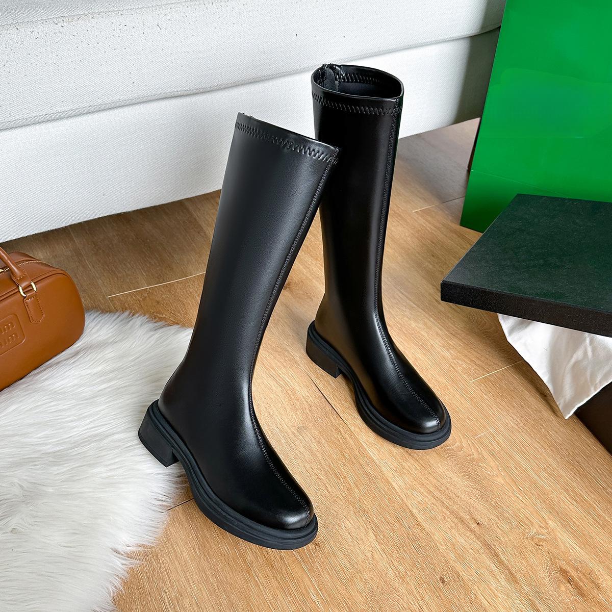 

Осень и зима Новые сапоги специального дизайна Женские рыцарские сапоги с толстой подошвой Маленькие сапоги ниже колена с застежкой-молнией сзади 40 чёрный