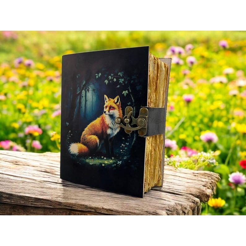 Grimoire Fox Leather Journal for Women Notebook Blank Spell Book of Shadows Fat Journal - Vintage Paper Handmade Journal