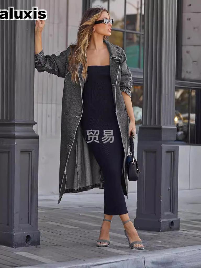 New In Autumn Winter Women's Denim Cotton Solid Color Double Pocket Long Sleeve Loose Tie Closure Coat