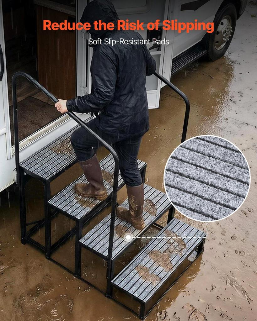 RV Steps with Dual Handrails, 4 Steps, 300 kg Load Capacity, Heavy Duty Outdoor RV Stairs with Non-Slip Mat for Elderly/Pets, Portable Stairs for Hot