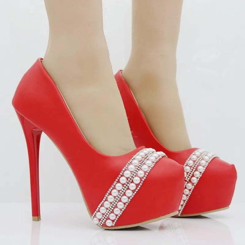 Women Pumps Pointed Toe String Bead Slip-On PU 14CM Thin Heels Party Prom Mature Banquet Wedding Shoes Sexy Ladies Party Shoes