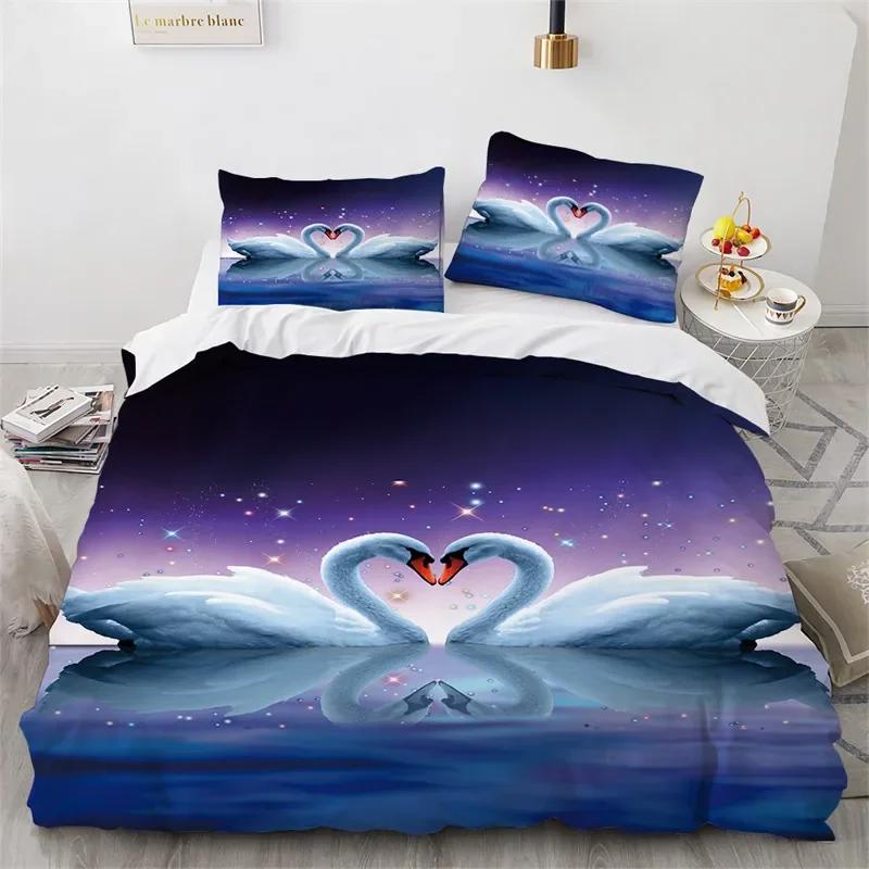 Couple Swan Duvet Cover King Queen For Girls Teen Room Decor Microfiber Romantic Flower Bedding Set Wild Animals Comforter Cover
