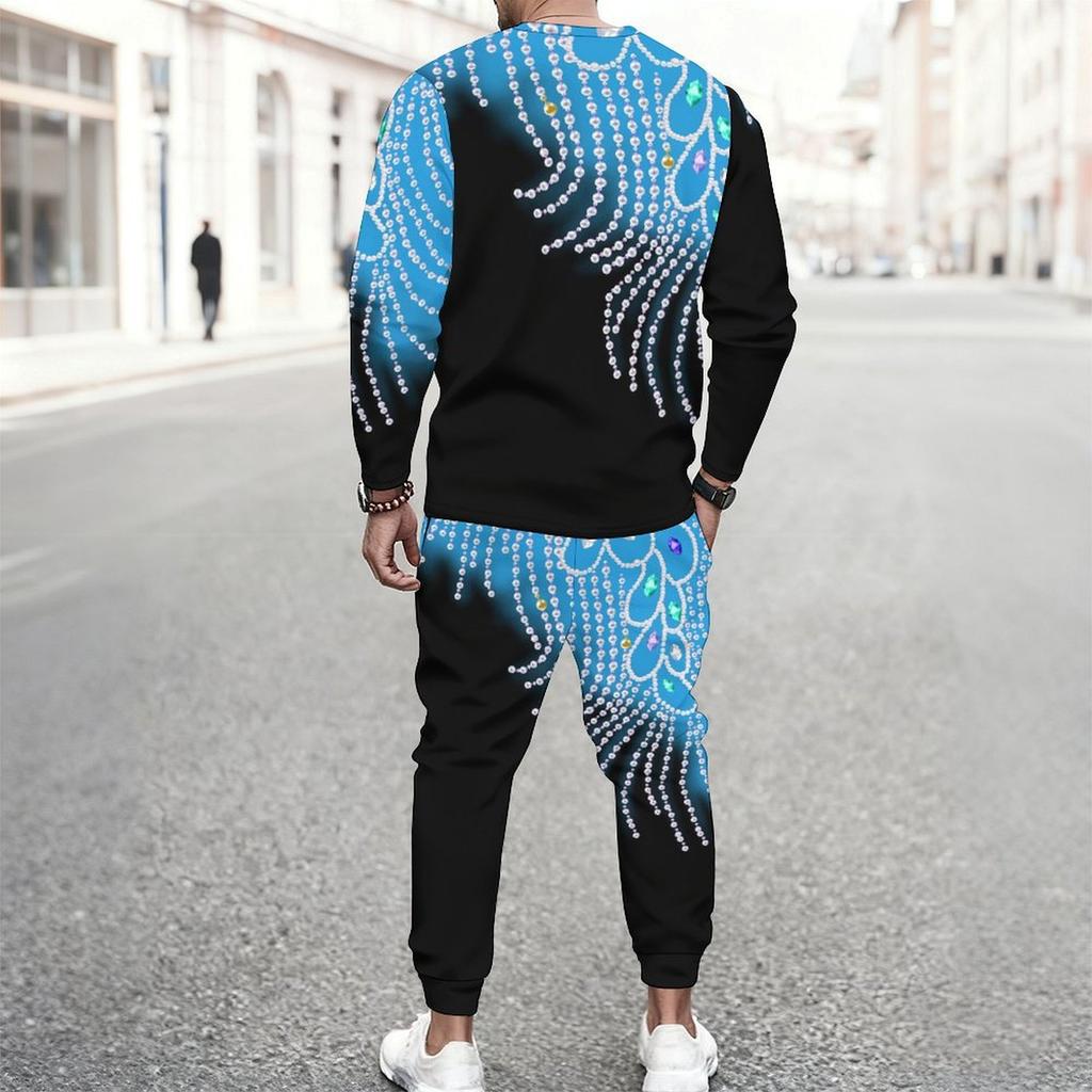 Men Black White Abstract Curve Line Print Long Sleeve Sweatshirt Jogger Pants Two Piece Suit