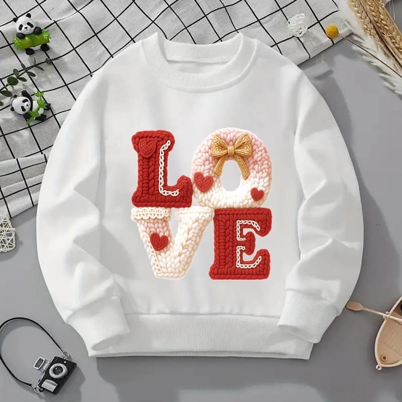 Kids Crewneck Sweatshirt, Knitted Love Letter Heart Print, Soft Comfort Long Sleeve Pullover