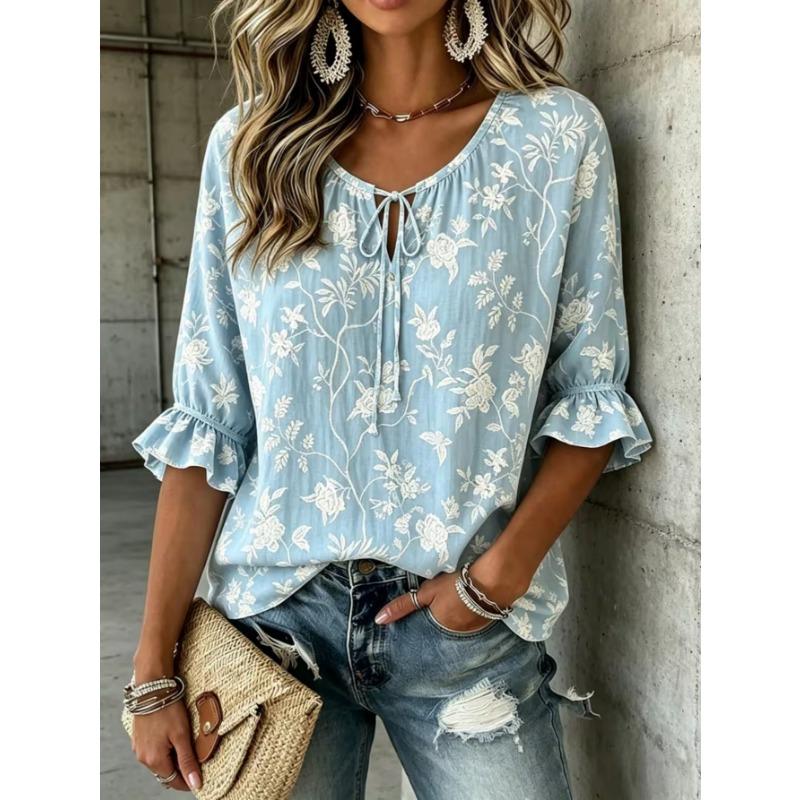 Women's Elegant Printed Lace-up Flared Top, Stylish and Versatile, Comfortable and Skin-friendly