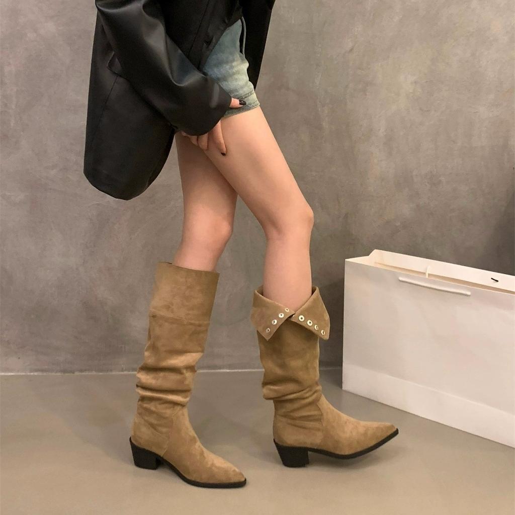 High Heel Coffee Suede Pile Medium Cycling Boots Shoes 2025 Winter Pointed Skinny Long Boots